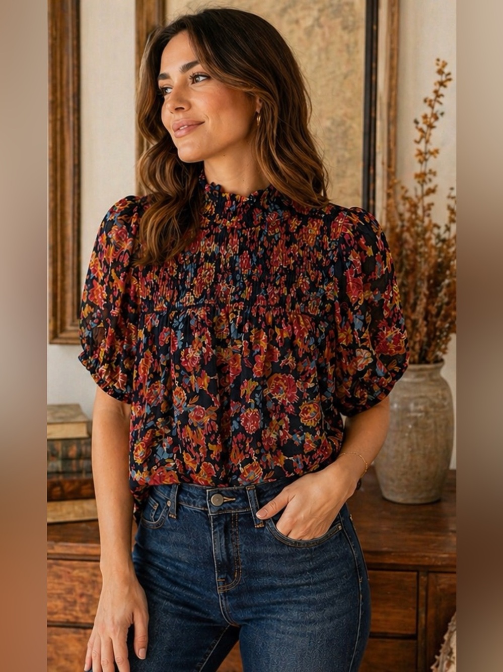 THML Dark Floral Smocked Blouse Anthropologie Style Boho Top S